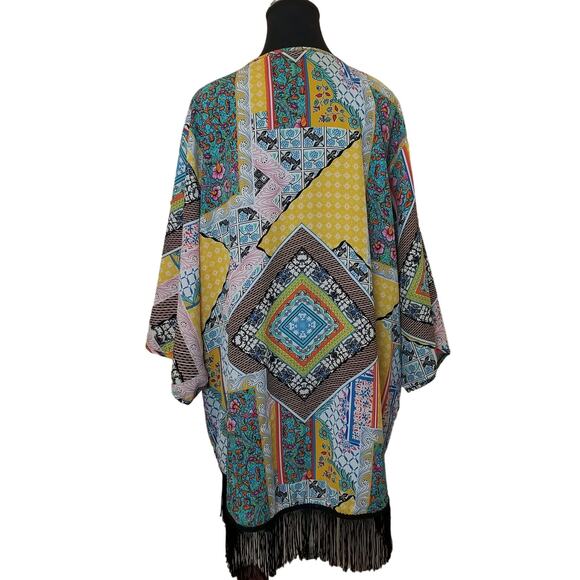 NY Collection -BOHO Hippie Peasant Fringe Open Kimono Cardigan Cover Up Size L - Picture 2 of 10
